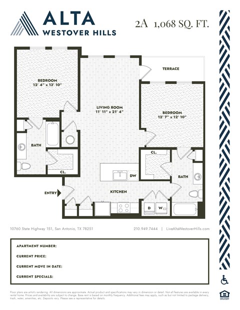 Floor plan for 2 beds, 2 baths, 1068 sqft